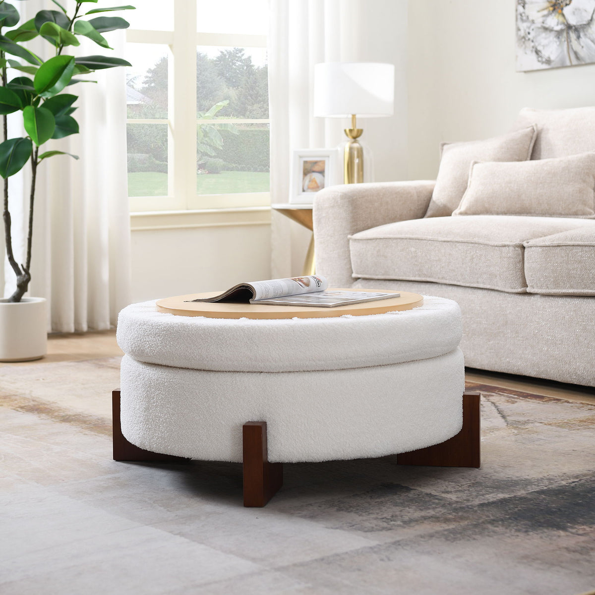 Round Storage Ottoman, Footrest Stool For Living Room