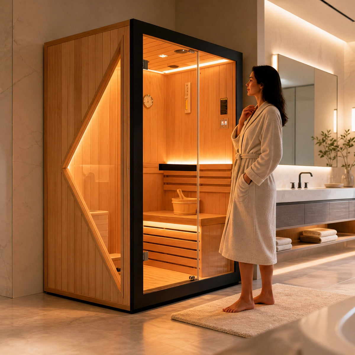 Double Indoor Stove Sauna Room With LED Lighting - Almond