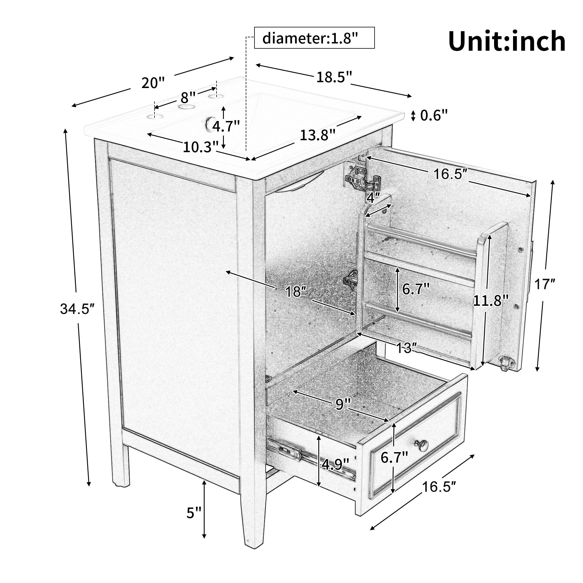 Bathroom Vanity With Sink, Adjustable Feet, 1 Drawer And Door Shelf Storage - White