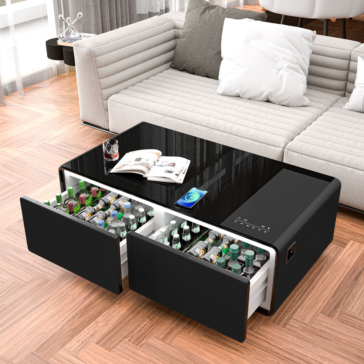 Modern Smart Coffee Table With Built-In Fridge, tooth Speaker, Wireless Charging Module, Touch Control Panel, Power Socket, USB Interface, Outlet Protection, Atmosphere Light