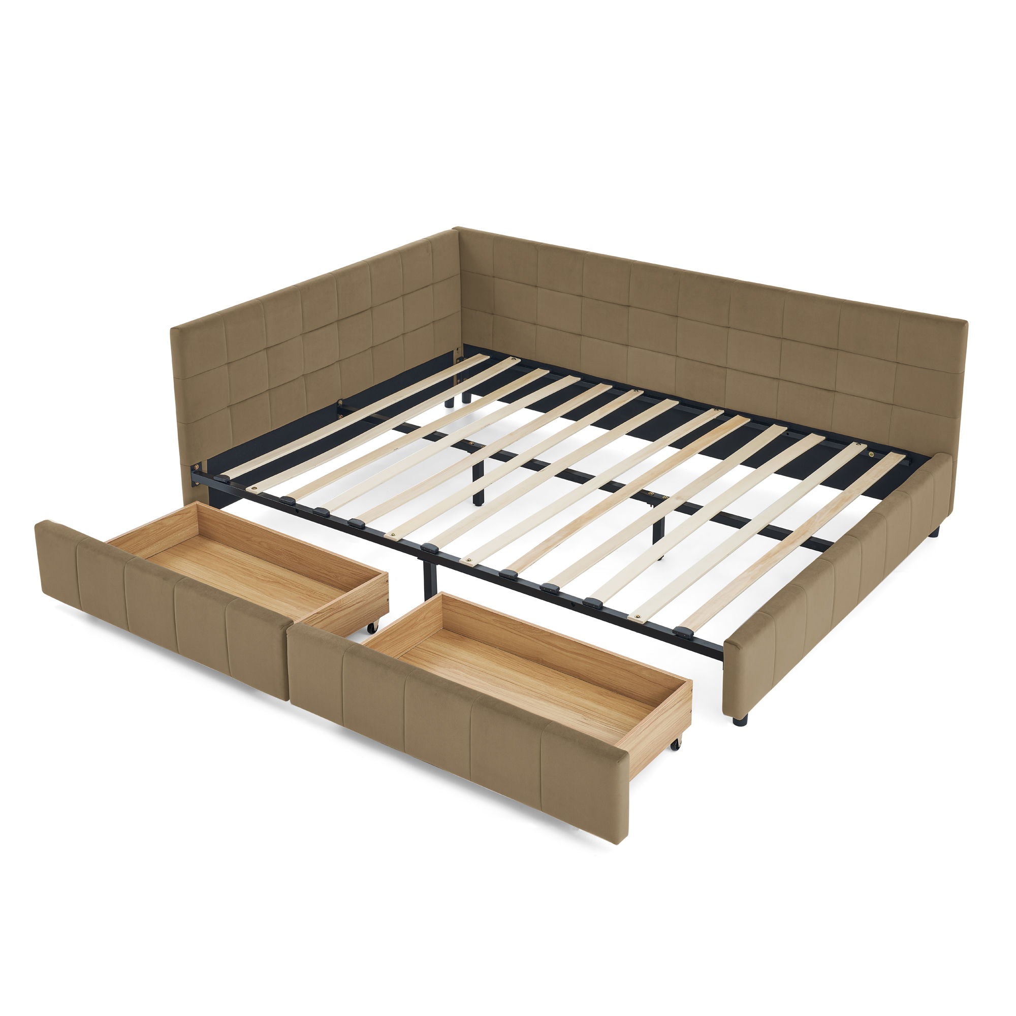 Mid-Century Storage Upholstered Tufted Bed Frame With Backrest And Armrests