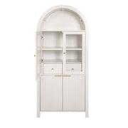 Fluted Tall Arched Pantry Cabinet With Adjustable Shelves, Glass Door & Hidden Drawer For Kitchen