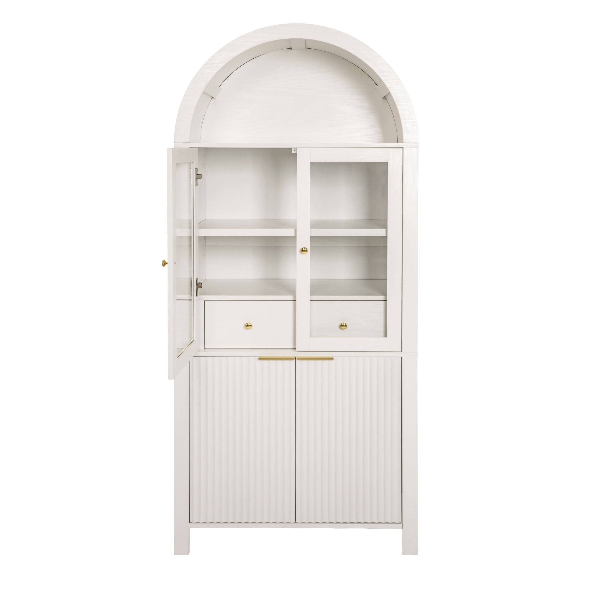 Fluted Tall Arched Pantry Cabinet With Adjustable Shelves, Glass Door & Hidden Drawer For Kitchen