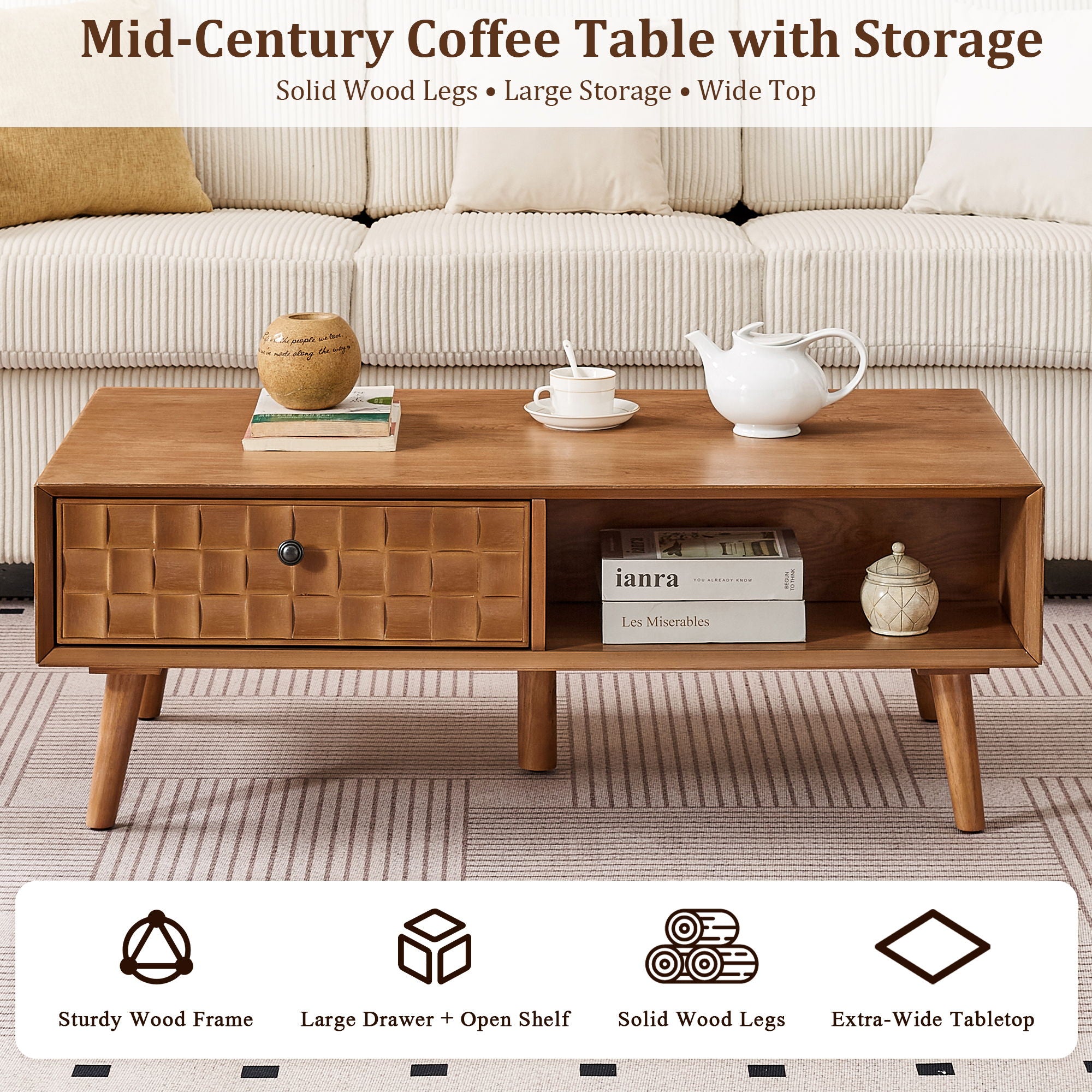 Coffee Table With Hidden Drawer And Open Shelf